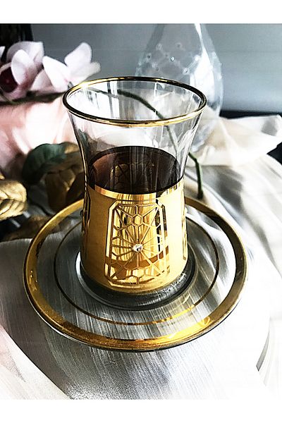DECOSTYLE Pasabahce Gold Super Patterned Glass Plate 12 Piece Tea Set
