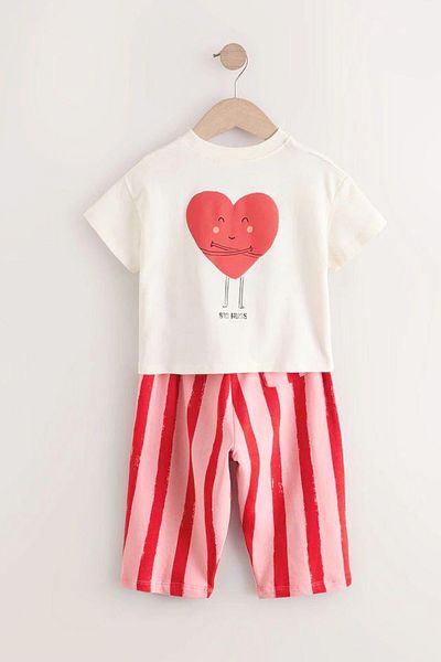 Monila Girl's Heart Pattern Cotton Tshirt and Striped Pants Bottom Top Set
