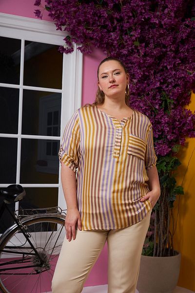 RMG Stripe Pattern Large Size Pocket Detailed Blouse Cream