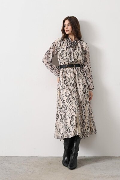 VİBE UNİCO Eyesof Snake Pattern Long Collar Detail Dress - Cream-Black