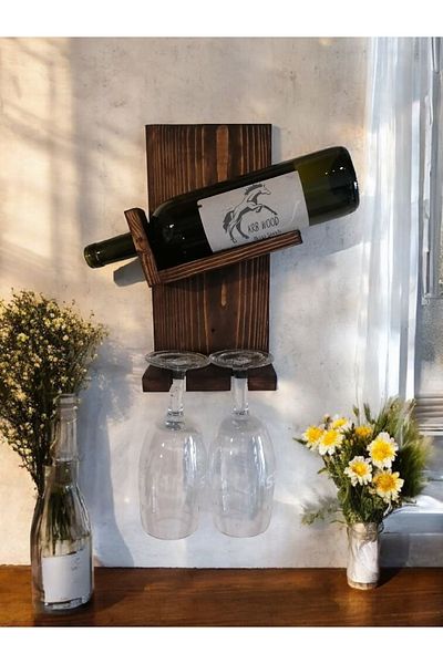 Krb Ahsap Wine Stand, Goblet Stand, Wooden Wine Rack, Wooden Goblet Wall Mounted Dark Color