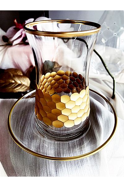 DECOSTYLE Gold Super Honeycomb Patterned Glass Plate 12 Piece Tea Set