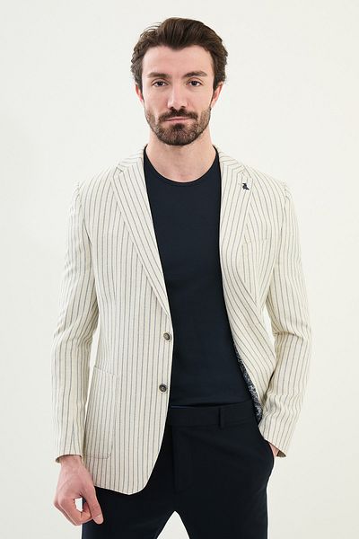 Mcr Striped Slim Fit Pocket Pocket 100% Linen Men's Jacket Navy Blue - 41439.25Y