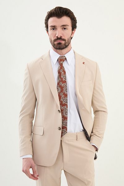 Mcr Straight Slim Fit Mono Collar Men's Suit Beige - 45384.25Y