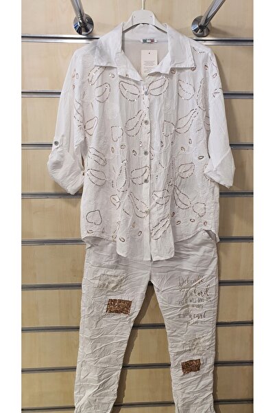 Park Moda Cămașă din bumbac italian cu broderie cu paiete de frunze