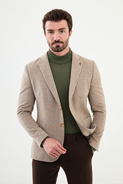Mcr Düz Slim Fit Mono Yaka Torba Cep Yün Premium Erkek Ceket Bej - 44314.24K