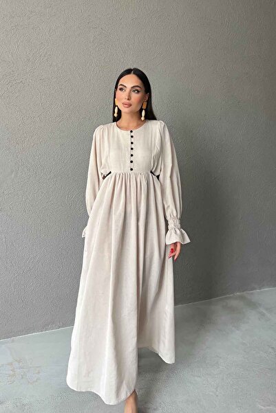 Seda Yalçın Atelier Beige Maxi Length Linen Dress with Tie Detail