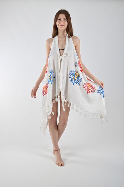 REİNA TEKS Asymmetrical Viscon Bell Vest Mixed Coral Print Cotton Beachwear 1 Pc Pareo Beachwear