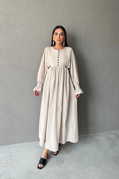 Seda Yalçın Atelier Beige Maxi Length Linen Dress with Tie Detail