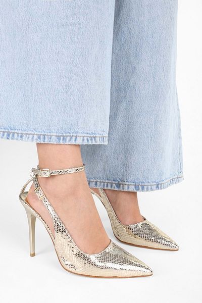Shoeberry Damen-Stiletto mit Mila-Gold-Schlangenmuster und Gürtel am Knöchel