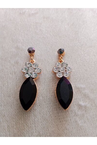 Pervin Ablacım Siyah taşlı üstü beyaz taşlı çiçek şeklinde Gold küpe