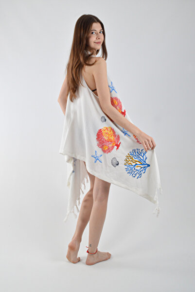 REİNA TEKS Asymmetrical Viscon Bell Vest Mixed Coral Print Cotton Beachwear 1 Pc Pareo Beachwear