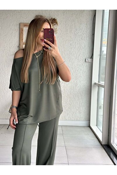 QİMYA BUTİK BUKETLI Γυναικεία βρώμικη ραφή Λεπτομερής κοντομάνικη αθλητική φόρμα κάτω - Top SET