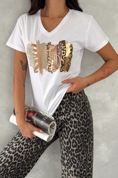 FEMELLE Tricou alb de damă, 100% bumbac, cu paiete, cu decolteu în V