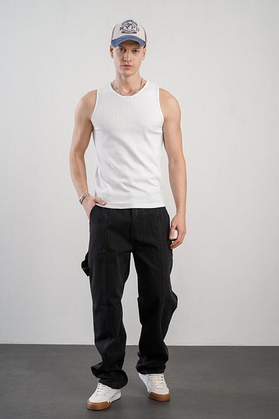 king brich Baggy Men's Jeans with High Waist and Front Stitching Detail
