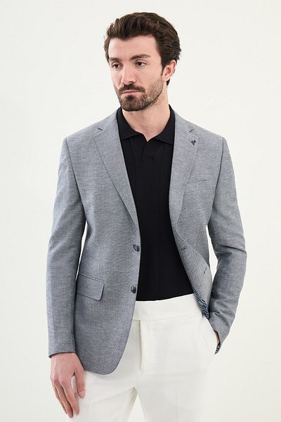 Mcr Patterned Slim Fit Mono Collar Linen Men's Jacket Navy Blue - 41434.25Y