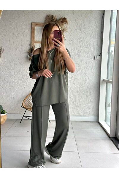 QİMYA BUTİK BUKETLI Γυναικεία βρώμικη ραφή Λεπτομερής κοντομάνικη αθλητική φόρμα κάτω - Top SET