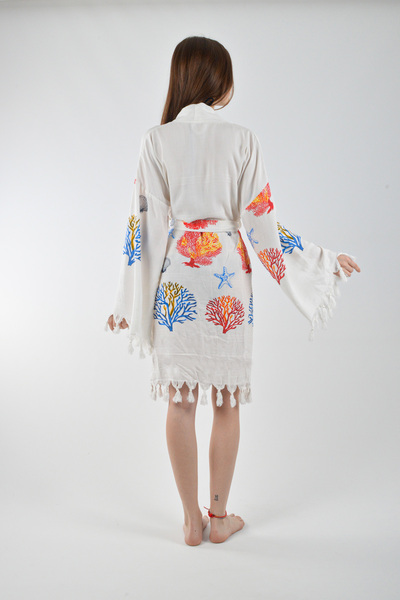 REİNA TEKS Viscon Pareo Kimono Cotton Printed Belted 1 Piece Unisex Mixed Coral Peshtemal Bathrobe