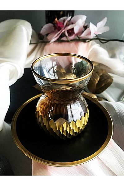 DECOSTYLE Koza Gold Patterned Black Matte Painted Glass Plate 12 Piece Tea Set