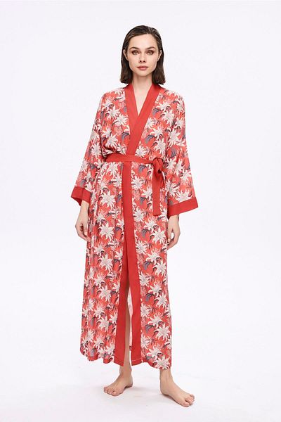Haşema Pomegranate Flower Red Floral Print Long Kimono 5040