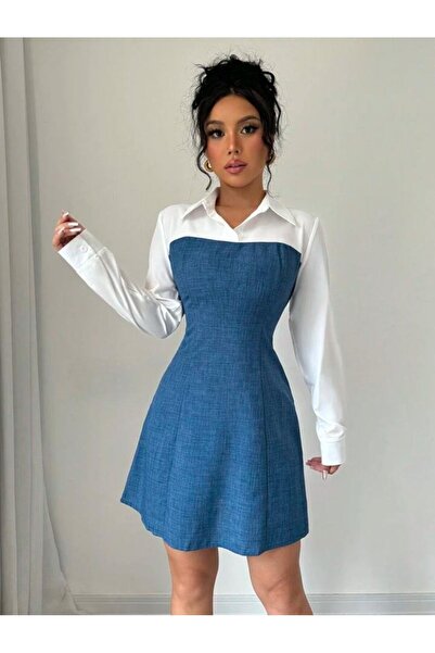 Moda Monisa Kadın Gömlek Yaka Mini Elbise – Uzun Kollu, Şık ve Modern Tasarım
