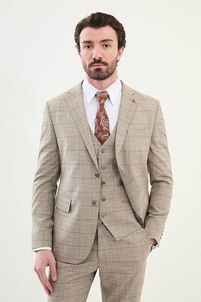 Mcr Plaid Slim Fit Mono Collar Classic Men's Suit Beige - 45381.25Y