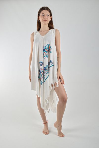 REİNA TEKS Bell Dress Blue Elephant Pattern Asymmetric Dress Cotton Viscon Beach Clothing 1 Pcs Pareo Beachwear
