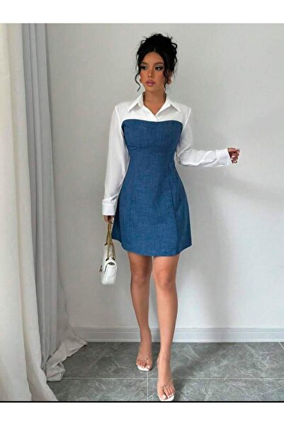 Moda Monisa Kadın Gömlek Yaka Mini Elbise – Uzun Kollu, Şık ve Modern Tasarım