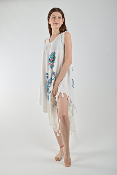 REİNA TEKS Сукня з дзвіночками, синя, з асиметричним малюнком, бавовняна віскозна пляжна сукня, 1 шт. Парео Beachwear