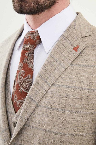 Mcr Plaid Slim Fit Mono Collar Classic Men's Suit Beige - 45381.25Y