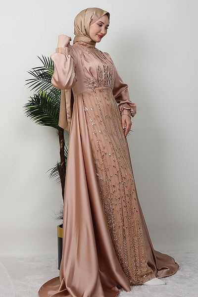 GİYZAMİLA Βραδινό φόρεμα Nur Hijab Tulle σε πούδρα