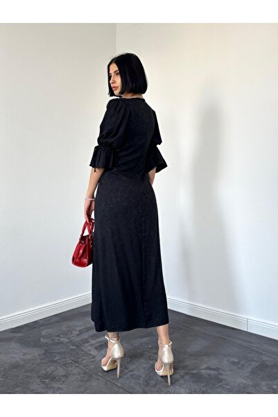 HAZEGO Aesco Μαύρο Φόρεμα Ζακάρ με Σκίσιμο