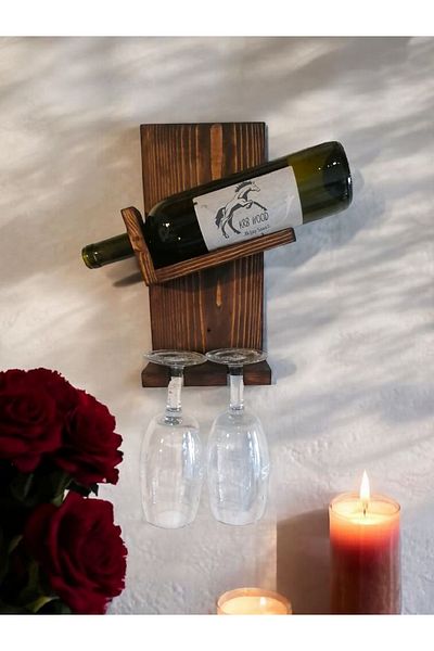 Krb Ahsap Wine Stand, Goblet Stand, Wooden Wine Rack, Wooden Goblet Wall Mounted Dark Color