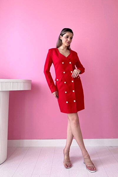 JANES Kırmızı Gold Düğmeli Ceket Elbise