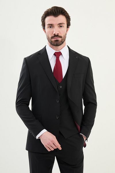 Mcr Straight Slim Fit Mono Collar Premium Wool Men's Suit Black - 44315.25Y