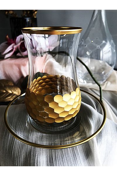 DECOSTYLE Gold Super Honeycomb Patterned Glass Plate 12 Piece Tea Set