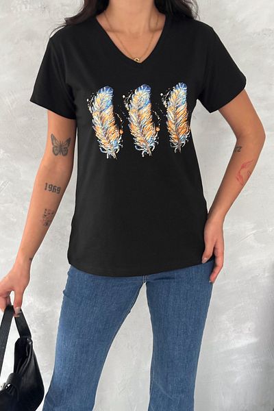 FEMELLE Tricou negru pentru femei, cu decolteu în V, cu 3 paiete, brodat cu paiete, 100% bumbac