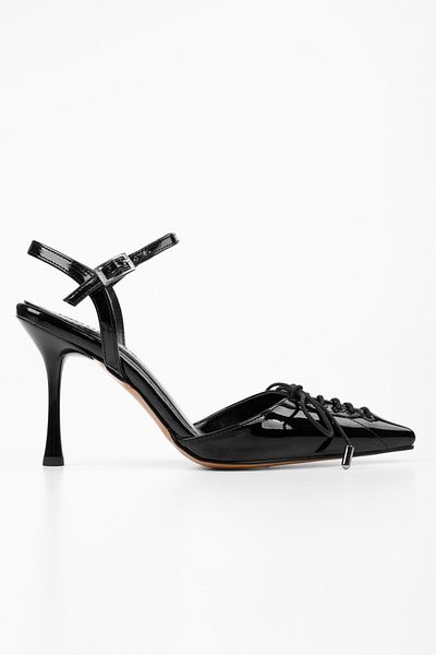 Shoeberry Women's Zenya Black Patent Leather Lace-Up Bow Detailed Heeled Stiletto
