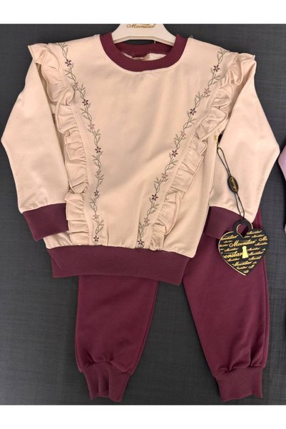 Butik Girl's Ruffle Detailed Bottom and Top Set (Burgundy Color)