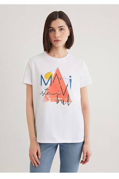Mavi tricou alb de damă cu imprimeu triunghi Istanbul