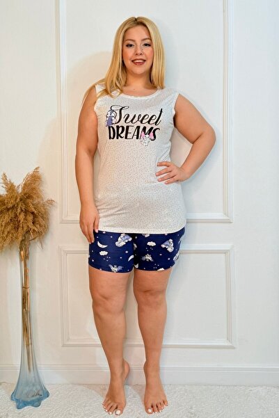 tarzımsüper Plus Size Comfort Sleepwear Set with Bottom Top Shorts Patterned Double Cotton 2-Piece Bottom-Top Suit