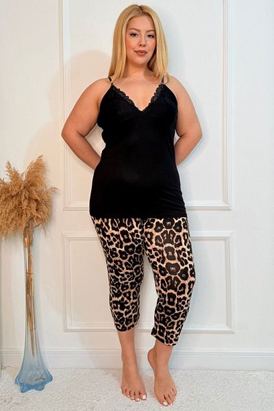 tarzımsüper Plus Size Elastic Waist Comfort Model Viscose Cotton Women's Capri Pajamas Suit