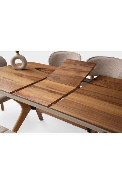 Evistro Ahşap Salon Çınar Yemek Masa Sandalye Takımı Ortadan Açılır Büyüyen 4 Sandalye 1 Bench 80x130cm