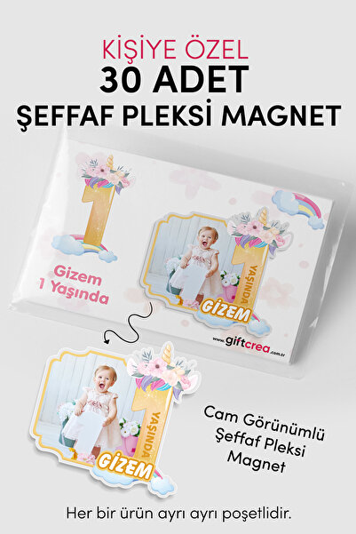 giftcrea Kişiye Özel Şeffaf Pleksi Magnet – Unicorn Temalı Doğum Günü Hatıras...