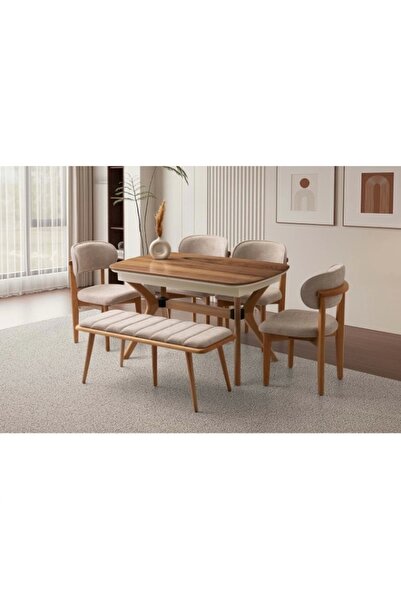 Evistro Ahşap Salon Çınar Yemek Masa Sandalye Takımı Ortadan Açılır Büyüyen 4 Sandalye 1 Bench 80x130cm