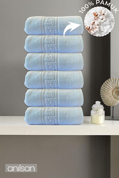 Anılsan Set de 6 prosoape de mână grecești albastre - 50x90 cm, 225 gr, 100% bumbac, prosoape spa și hotel, potrivite pentru utilizare zilnică