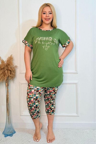 tarzımsüper Plus Size Elastic Waist Comfort Model Viscose Cotton Women's Capri Pajamas Suit
