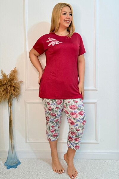 tarzımsüper Plus Size Elastic Waist Comfort Model Viscose Cotton Women's Capri Pajamas Suit