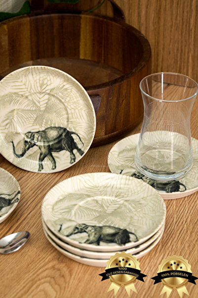Heda Porselen 6 Pieces 12cm Porcelain Tea Plate - Elephant Nature, Off-White
