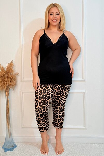 tarzımsüper Plus Size Elastic Waist Comfort Model Viscose Cotton Women's Capri Pajamas Suit